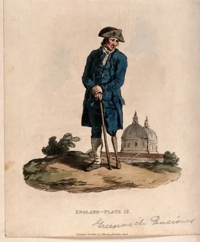 A Greenwich Pensioner with a wooden leg, standing in a landscape, the domes of Greenwich Hospital behind
