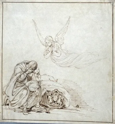 A grief-stricken widower holds his child while the spirit of its mother, seen only by the child, descends to impart her blessing to the father