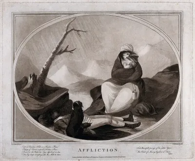 A grieving young widow breastfeeds her infant child next to the dead body of its father, a soldier