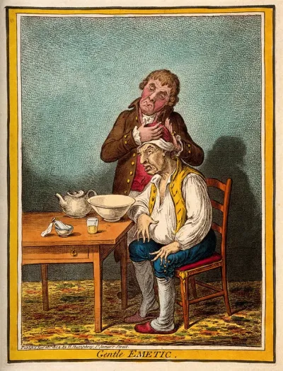 A grimacing invalid seated before a bowl having received an emetic, another man clasps his head compassionately
