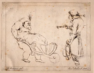 A grossly obese man supporting his stomach in a wheelbarrow, a young fop looks on