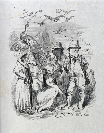 A group of animals, including a wolf, a dog and a bear are dressed in English countryside attire, are standing in field surrounded by birds