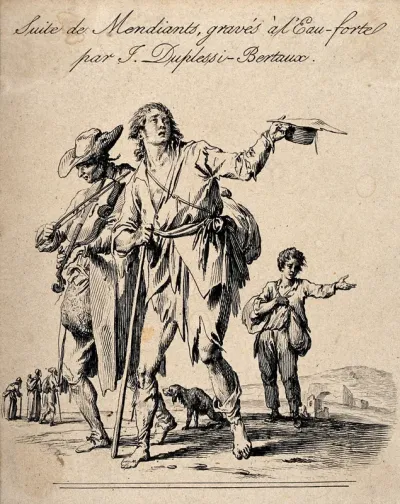 A group of beggars, one playing the violin, the other walking with the aid of a stick holding out a hat to collect alms