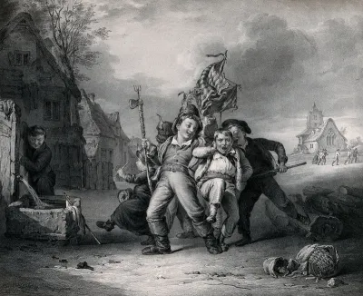 A group of boys with a flag and weapons take hold of one boy who is attempting to escape