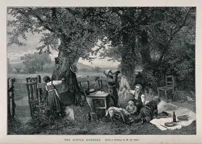 A group of children are stealing food from a picnic they have found under a tree
