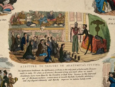 A group of dandified tailors attending a lecture, given by a grotesquely fashionable tailor, on "anatomical cutting"