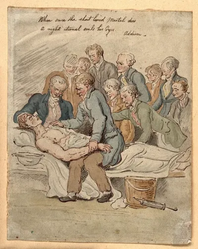 A group of doctors and medical students surround a dying patient