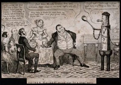 A group of drinkers are disrupted by a water pump telling them to take only "the pledge"
