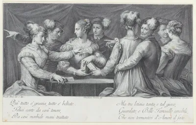 A group of elegantly dressed people playing cards