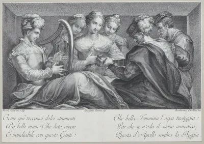 A group of elegantly dressed people playing the harp and a guitar