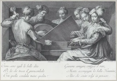 A group of elegantly dressed people playing the piano and other instruments