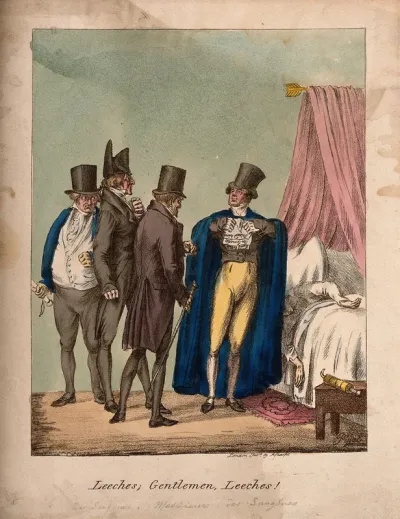 A group of fashionable physicians gathered around a sick patient listen to one of their number proclaiming the virtue of leeches