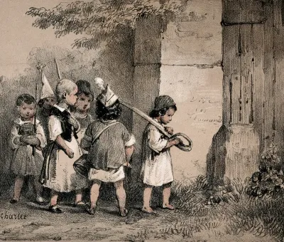 A group of Flemish children dress up as soldiers in helmets and carry swords