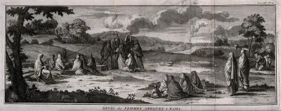 A group of Greek women lamenting and mourning the dead at a burial site in Rama