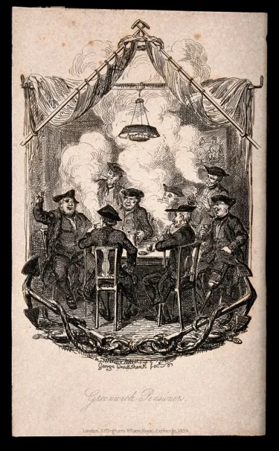 A group of Greenwich Pensioners smoking and drinking