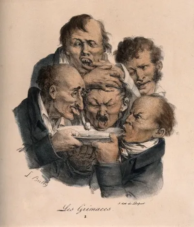 A group of grimacing men force one of their number to vomit in a bowl