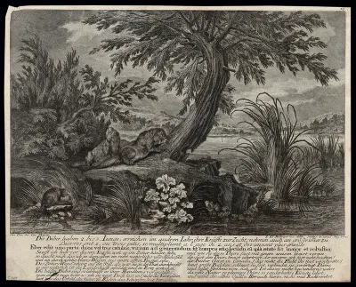A group of hares with their young under a tree with a fountain and architecture in the background