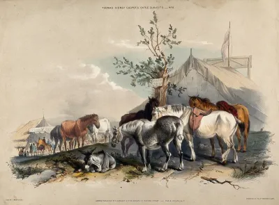 A group of horses halting on a journey for refreshment and a rest outside fairground tents