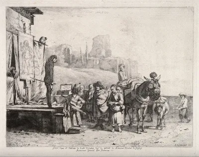 A group of itinerant actors performing on stage in an attempt to sell medicines to a small group of people