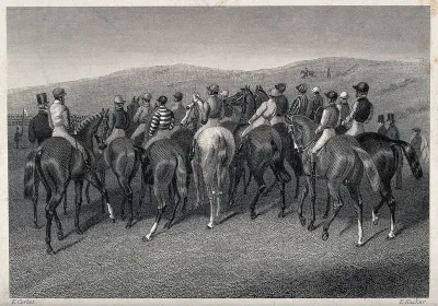 A group of jockeys with their horses standing in a crowd at the starting line