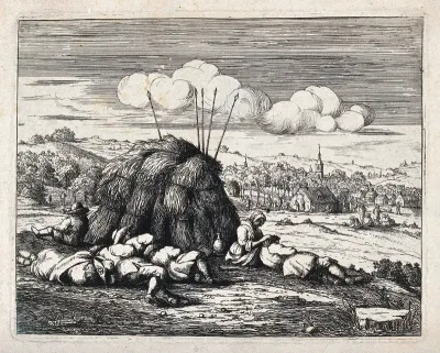 A group of labourers resting in front of a haystack; to the right a woman picks fleas from a man's head