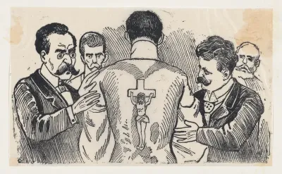 A group of men looking at a man's back with an image of the Crucifixion