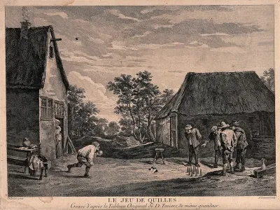 A group of men playing a game outside with a ball and nine pins, a woman watches from a doorway