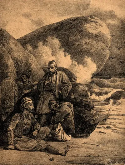 A group of men wait by the rocks on a beach with a small boat nearby