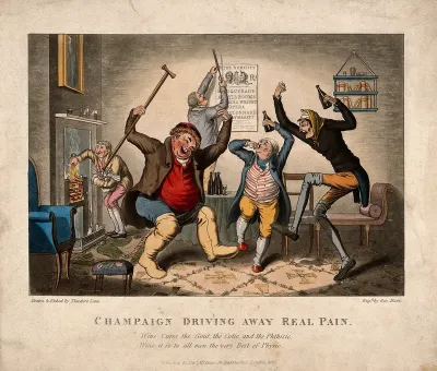 A group of merry, dancing former invalids discarding their medicines in favour of alcohol as a cure