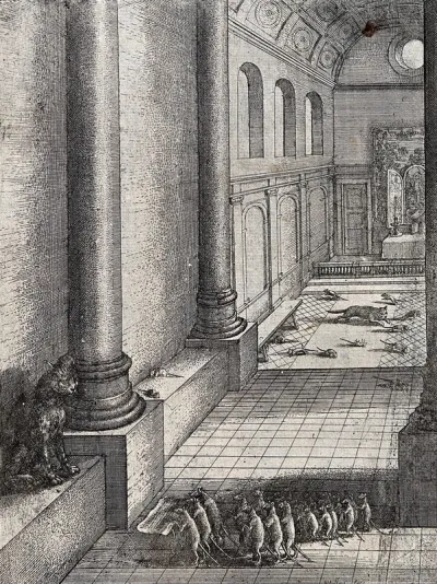 A group of mice and rats is presenting a cat on a pedestal with a petition, while the cat is shown chasing mice in the background