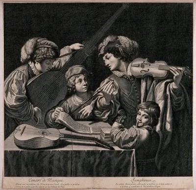 A group of musicians playing their instruments, one man is pointing to the music with the bow of his violin