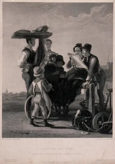 A group of people are gathered around a couple reading a newspaper
