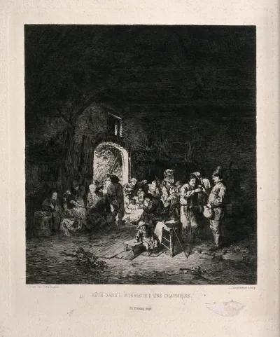 A group of people are having a celebration inside a cottage