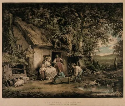 A group of people are sitting outside a cottage with children playing and a litter of pigs nearby
