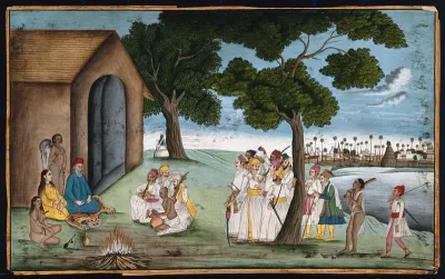 A group of people gather and listen to a man sitting on a tiger skin singing religious songs (?) accompanied by four musicians