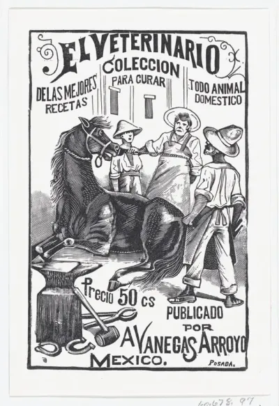 A group of people surrounding a horse, illustration for 'El Veterinario (The Veterinary: Collection of the best prescriptions for curing all domestic animals)' published by Antonio Vanegas Arroyo