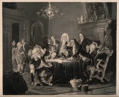A group of physicians having stormy discussions in an elaborately decorated room