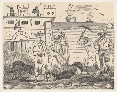 A group of prisoners engaged in manual labor, from a broadside entitled "Ultimas noticias de Gerardo Nevraumont y compañeros'