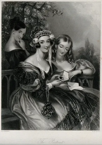 A group of three female figures; one of whom holds a portrait miniature