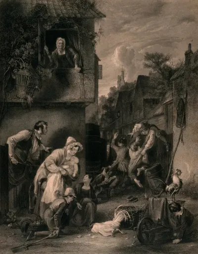A group of urchins have caused havoc in a farmyard and killed a cockerel but they are pursued by the dog and a man with a birch stick