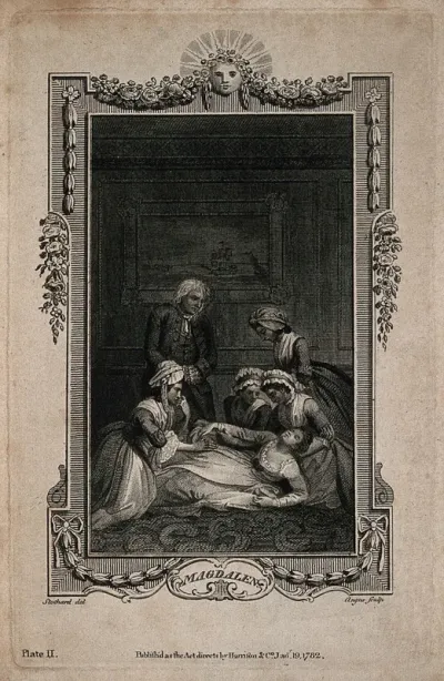A group of women gather around a fainted woman, while a concerned man looks on, with an ornate border