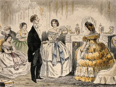 A group of women gathered around a fireplace listening to a young man holding forth