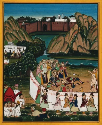 A group of women inside an enclosure gather around a dead man while in the foreground a decapitated woman lies in front of the guards and some men smoking a hukka