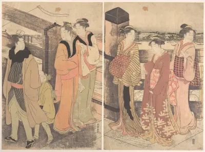 A Group of Women, One Man and a Boy on a Bridge
