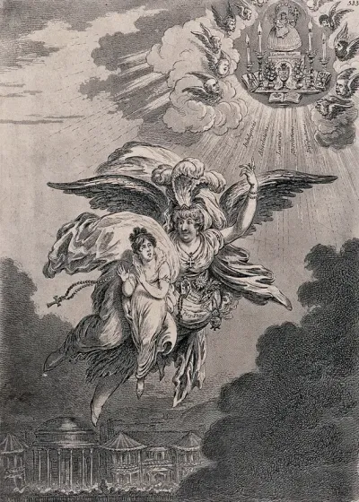 A guardian angel is carrying a child up into the sky to an altar dedicated to a parody of the Virgin
