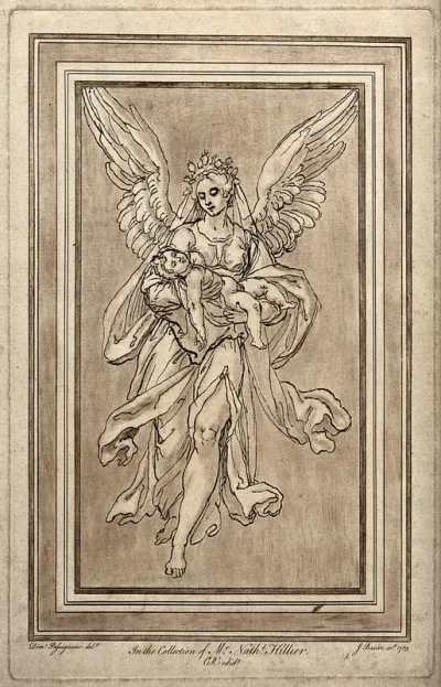 A guardian angel (or Night) carries a sleeping child