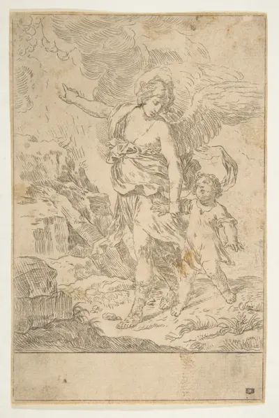 A guardian angel walking with a child