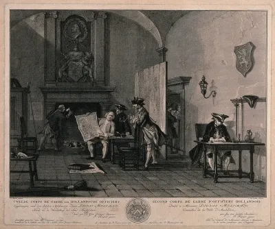 A guardroom: an officer holds up a map to show to a man smoking a long pipe, another man sits at a writing desk, others talk in the doorway