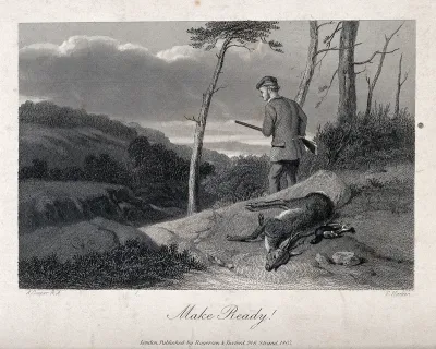 A gun-carrying huntsman is gazing intently into a valley while his dead prey is lying behind him