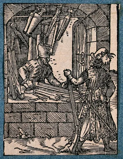 A gun maker is working at the window of his workshop, talking to a customer